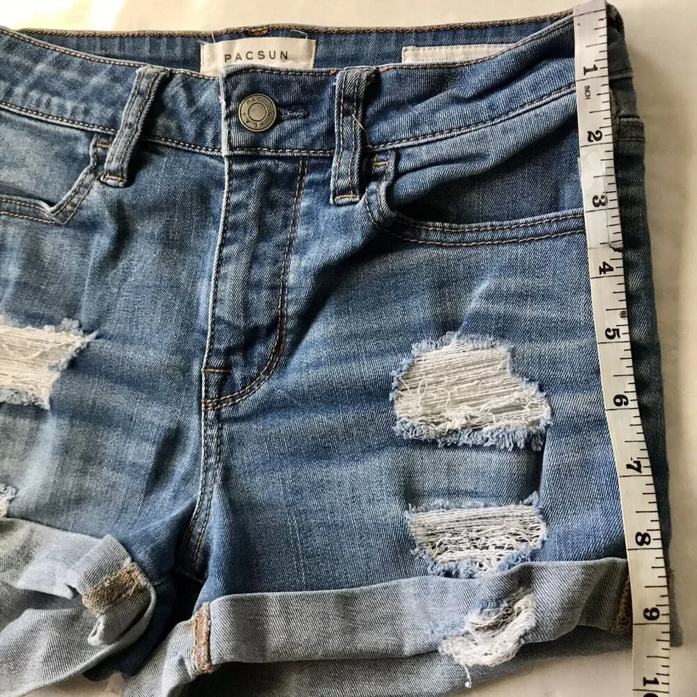 Women's PacSun‎ Distressed Super Stretch Shortie Denim Blue Jean Shorts Size 24